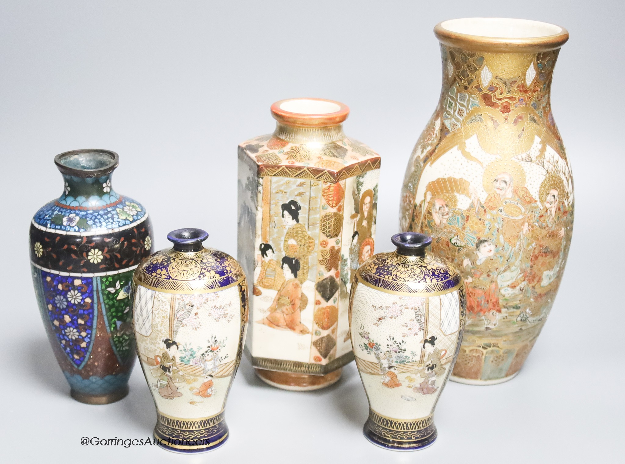 A pair of Satsuma vases, two other Satsuma vases and a cloisonne vase, tallest 23cm